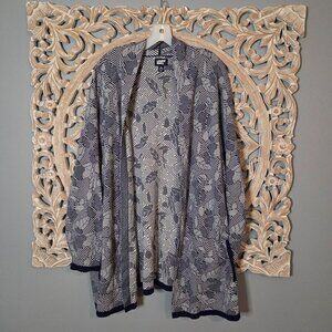 Lands’ End Open Front Cardigan - Navy Blue & White Leaf Print - Size 3X XXL